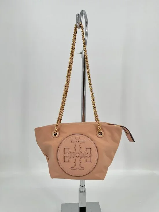 Tory Burch Ella Small Chain Crossbody Pink Sand Nylon Zip Tote Gold Logo Bag