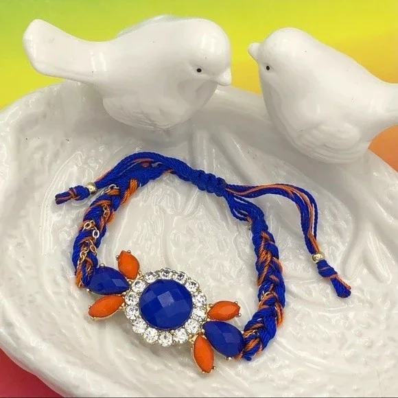 🌼 Orange Blue Rhinestone Thread Pull Tie Bracelet