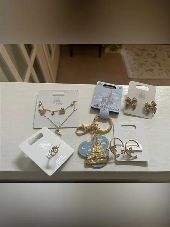 Disney Gold and Blue Castle Keychain with Coordinating Gold Jewelry Set. NEW