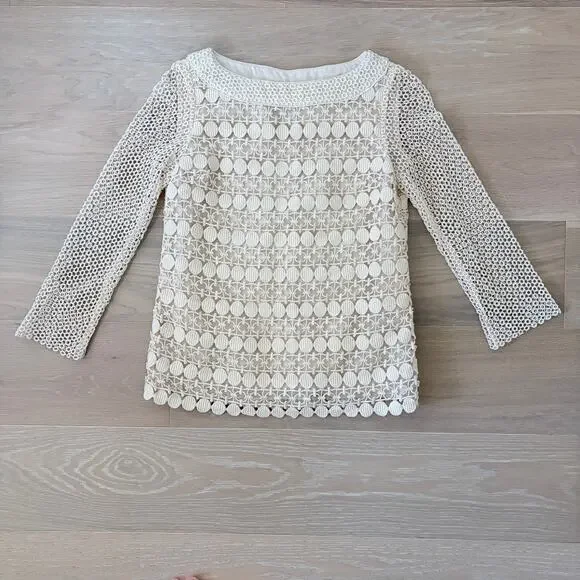 Tory Burch Crochet Bateau Neckline Top Cream sz 4