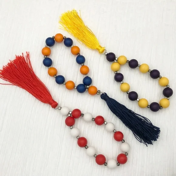 🌼 School Spirit Beaded Tassel Dangle Stretch Bracelet