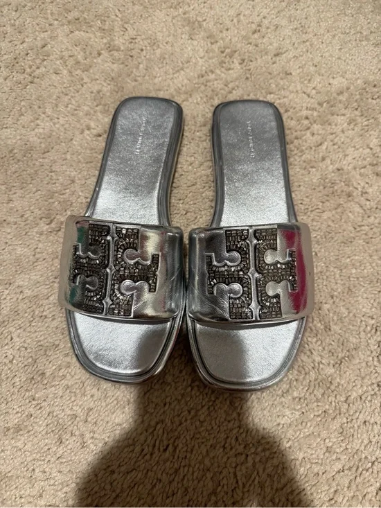 Tory Burch Metallic Silver Logo Slide Sandals