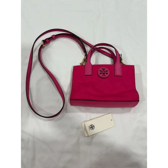 Tory Burch Ella Mini Nylon Tote Bright Pink Hot Small Crossbody Zip Top