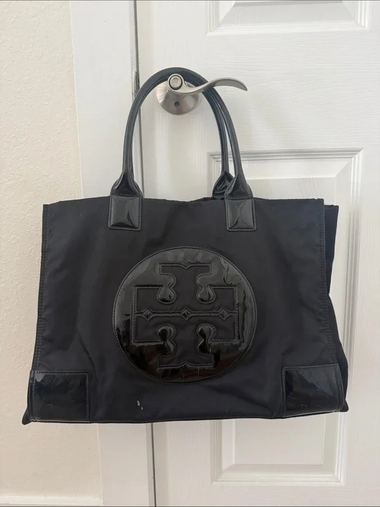 Tory Burch Black Nylon Tote with Patent Logo