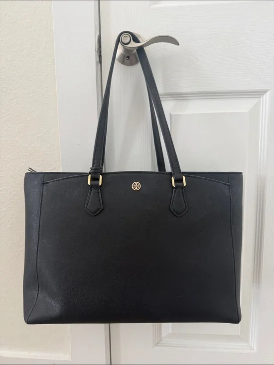 Tory Burch Black Saffiano Tote with Gold Logo