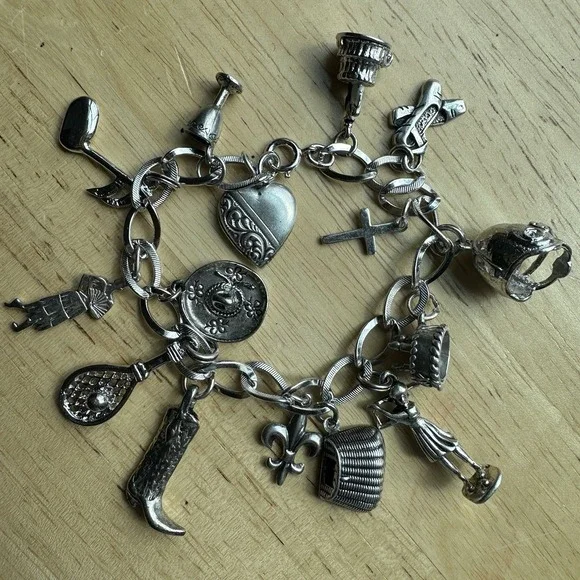 VTG Charm‎ Bracelet 6.5 Inch Sport Western Cross Heart Travel 925 Sterling 37.6g
