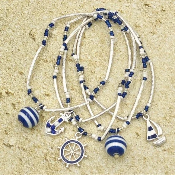 🌼 Nautical Theme Anchor Ship Wheel Boat Set of 5 Bracelets