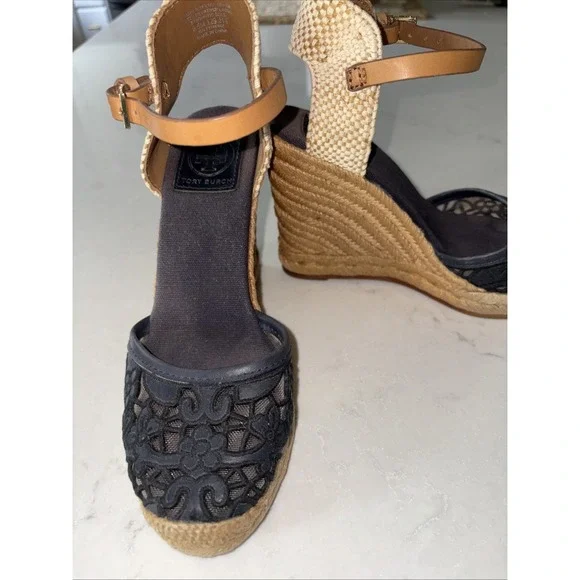 Tory Burch Lucia Espadrilles Sandals Platform Navy floral lace Jute Leather 6.5