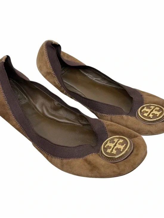 Tory Burch Brown Suede Leather Ballerina Ballet Flats Gold Logo Medallion Shoe 8
