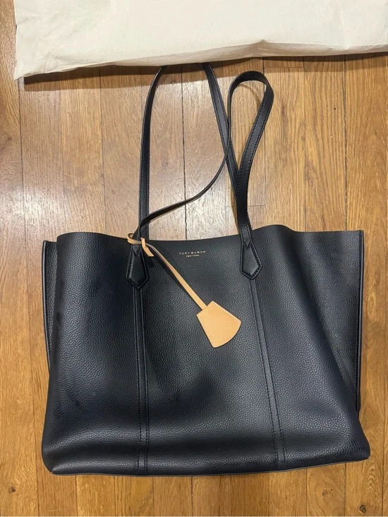 Tory Burch Perry Women's Triple-Compartment Tote Black Pebbled Leather