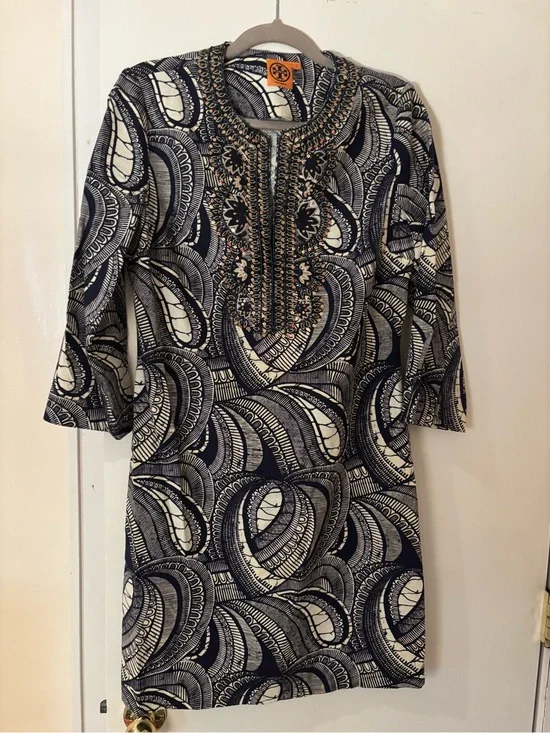 Tory Burch Navy and White Embroidered Paisley Mini Dress