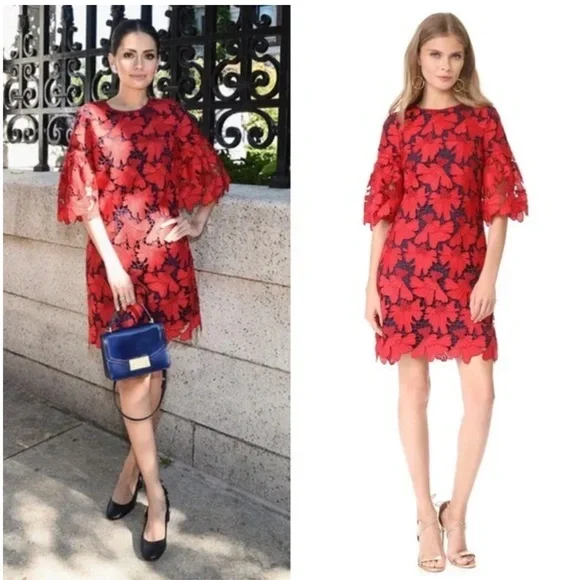 Tory Burch Nicola Guipure Lace Dress Red Lined Size‎ 2 Short Sleeve