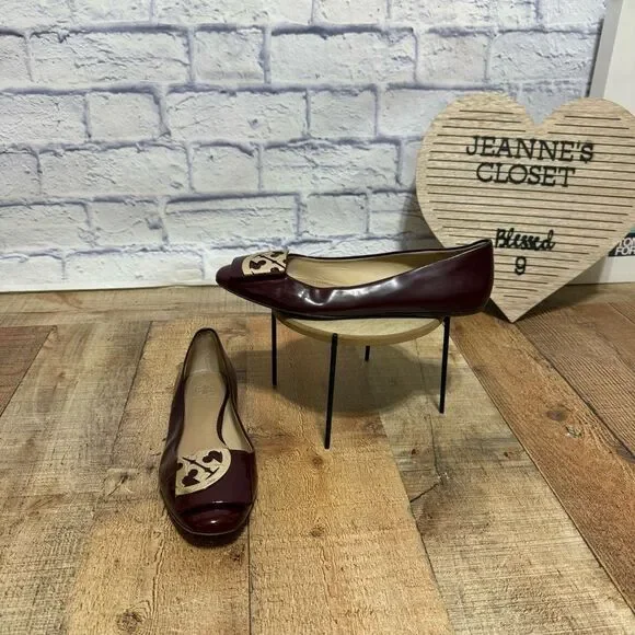 Tory Burch Size 8.5 Square toe Logo Oxblood Soft Patent Leather Flats