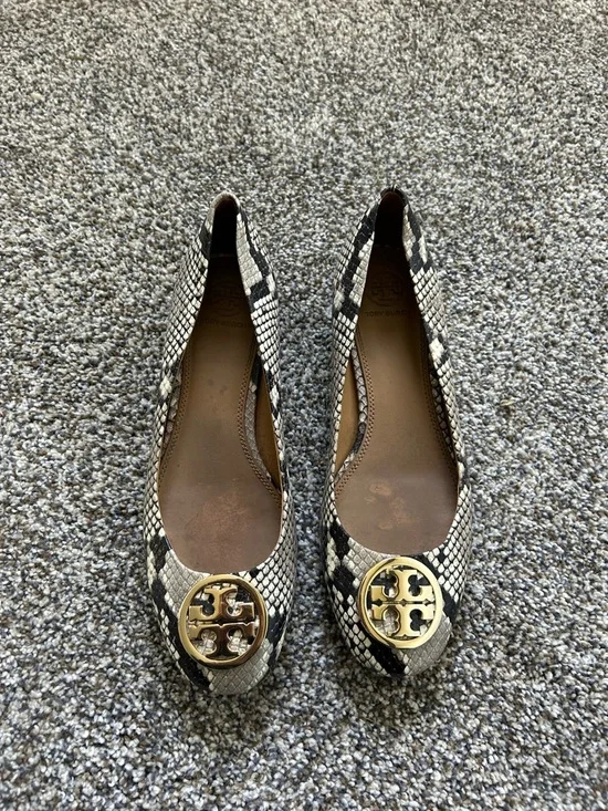 Tory Burch Snake-Print Logo Ballet Flats in Black & Cream with Gold Medallion
