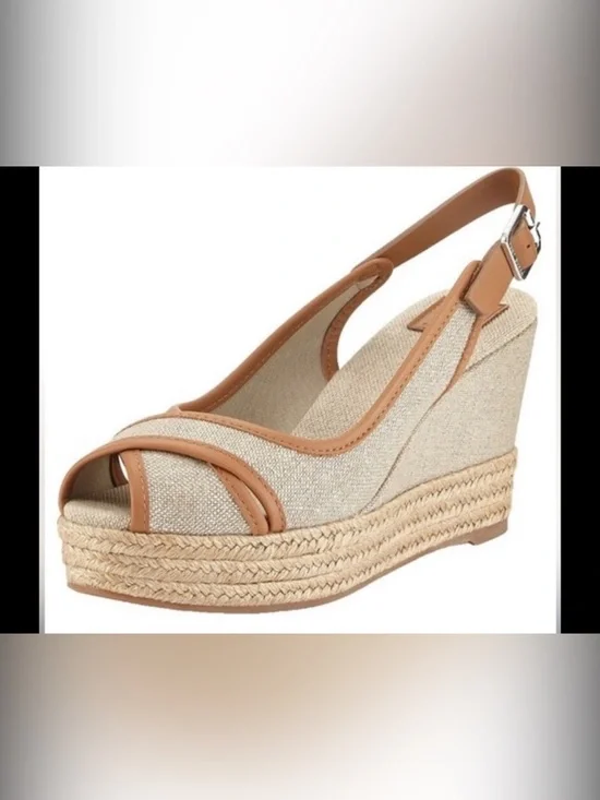 Tory Burch Majorca Peep Toe Espadrille Wedge Leather Shimmer Sling Back Sandals