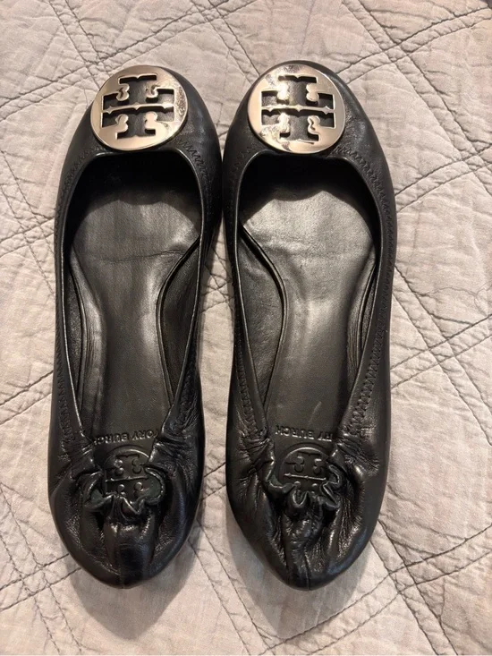 Tory Burch Black Leather Logo Ballet Flats with Silver Emblem