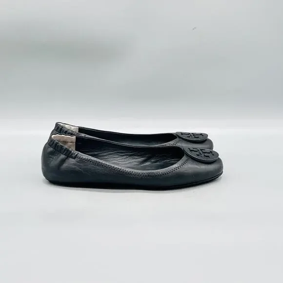 Tory Burch Shoes Womens 6.5 Black Leather Logo Ballet Flats Slip On Comfort