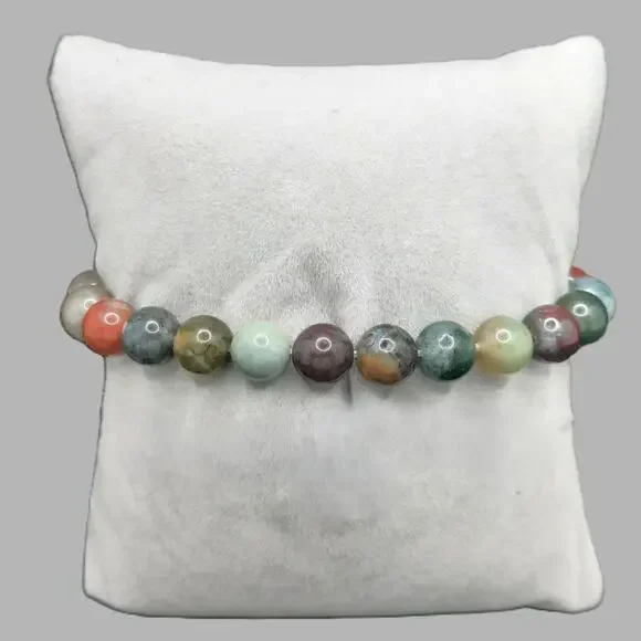 Indian Agate Beaded Bracelet Artisan Gemstone 8mm Stretch Stackable Boho Earthy