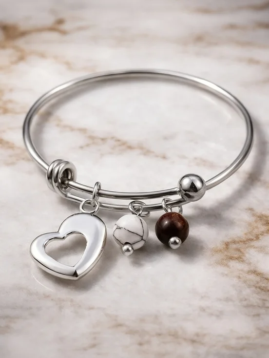 18K Gold Plated Boho Chic Bangle with Heart Tiger's Eye & Magnesite Charms ✨