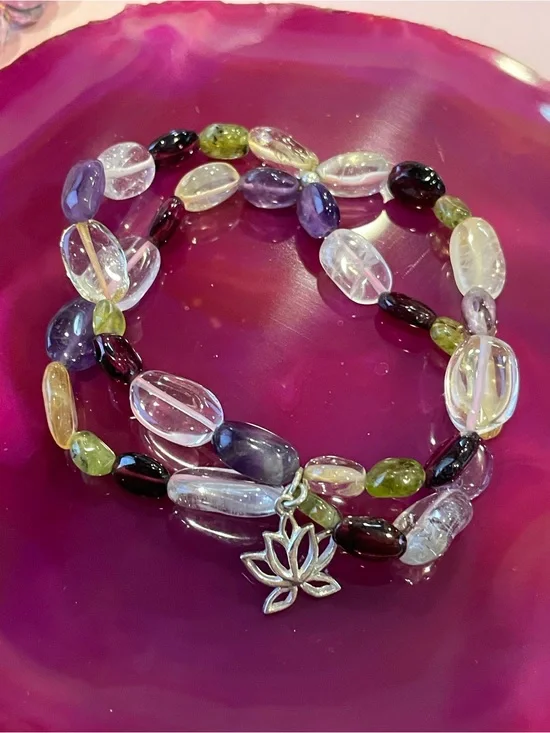 Polished Multi Gemstone Sterling Silver Flower Charm Bracelet  #6623 💎 SALE