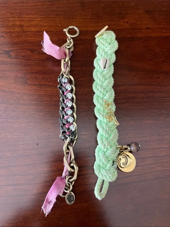 Set of Two Juicy Couture Bracelets - Pink Ribbon Chain & Mint Braided