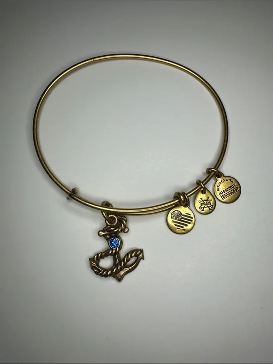 Alex and Ani Gold-Tone Anchor Charm Bangle Bracelet with Blue Crystal