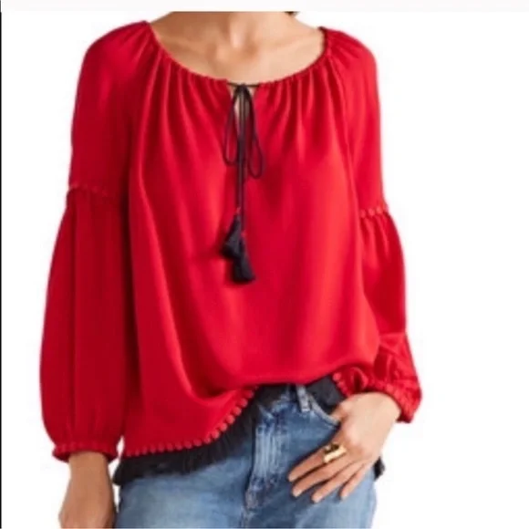 Tory Burch Sylvie blouse Boho /Peasant/Tie Blouse Top‎ RED Fringe Tassel Sz 10