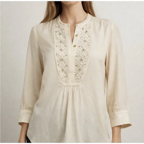 Tory Burch Size-8 Silk Embellished  Blouse 3/4 Sleeve Top‎ Ivory