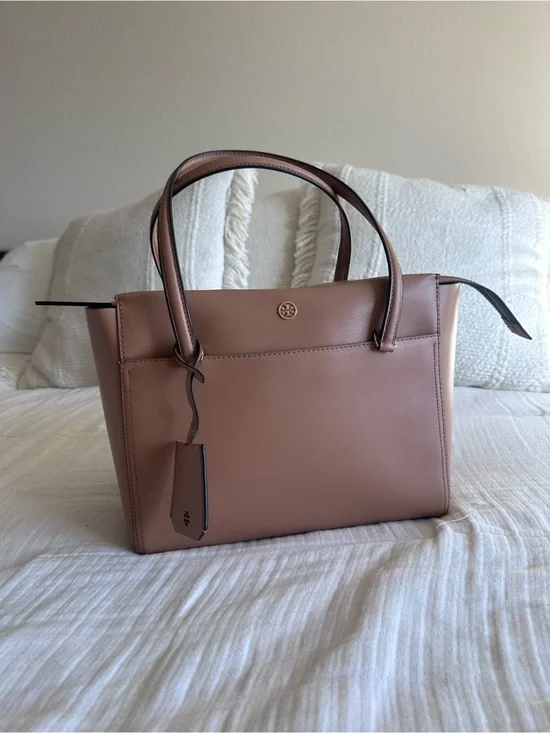 Tory Burch Parker Small Leather Tote Bag Cardamom Tan Brown Gold Hardware