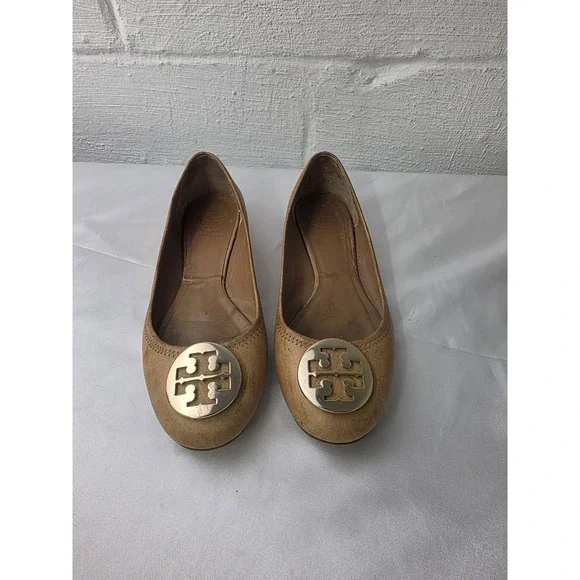 Tory Burch Women's Tan‎ Brown Pebbled Leather Medallion Logo Ballet Flats 8M