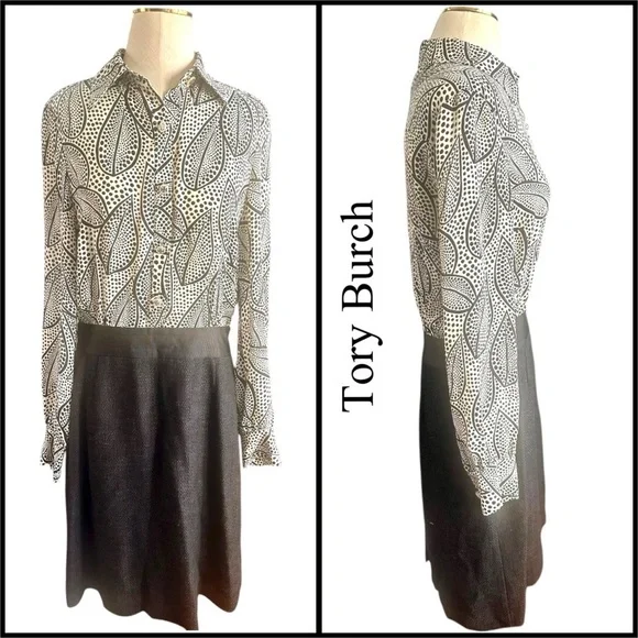 Tory Burch Classic Monochrome Dotted Leaf Print Dress Size 8