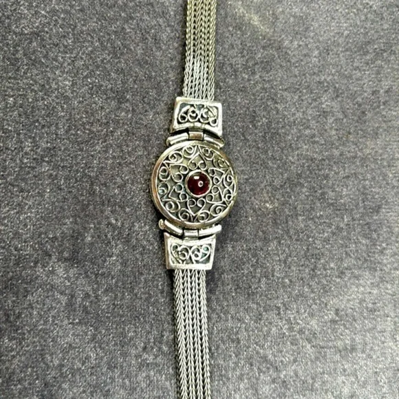 Vintage Sterling Silver 925 Filigree Heart Bracelet Red Garnet Gothic Boho