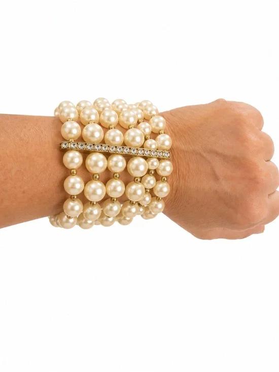 Vintage Faux Pearl Multi Strand Stretch Cuff Bracelet Rhinestone Statement Wide