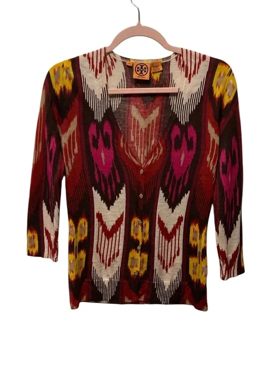 Tory Burch Multicolor 100% Wool Ikat-Print Button Cardigan Sweater