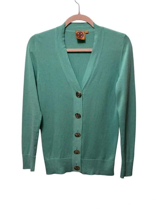 Tory Burch Sea Foam Teal Button Gold Logo V-Neck Button Cardigan 100% Cotton