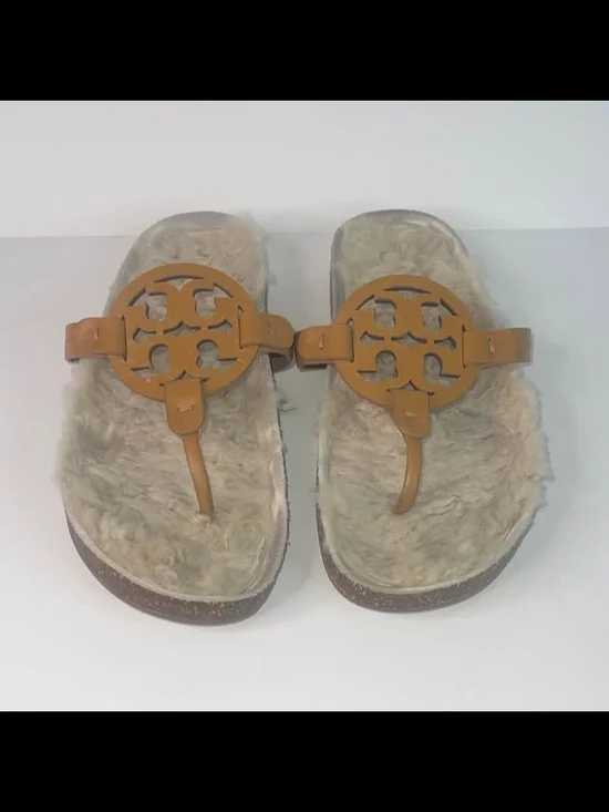 Women's Tan Faux-Fur Thong Sandals - Tory Burch Style