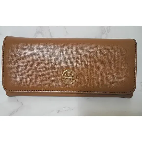 TORY BURCH Robinson Brown Leather Flap Continental‎ Wallet - GUC