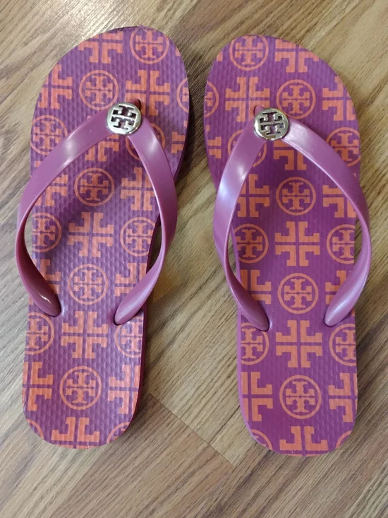 Tory Burch Purple and Orange Logo Jelly Flip Flops