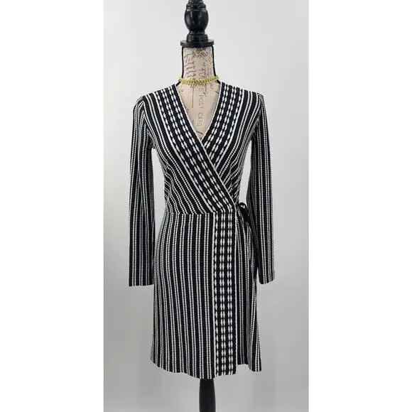 B44 Tory Burch Long Sleeve Jacquard Wrap Dress XS Navy Oxford Stripe Work Career