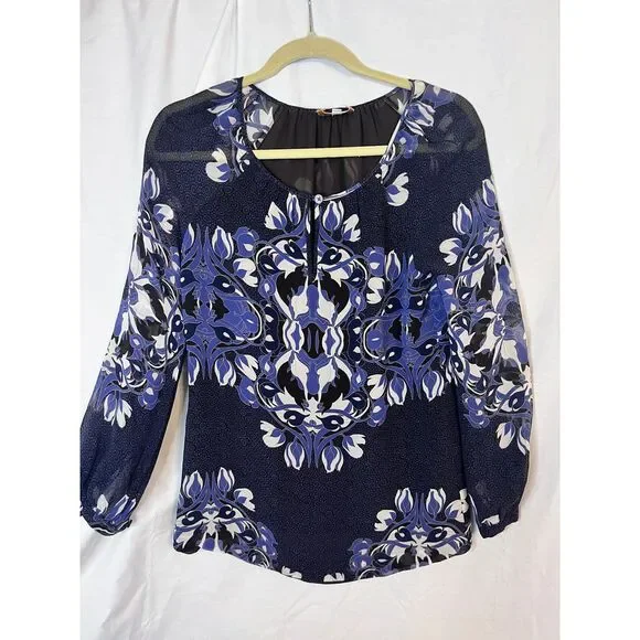 Tory Burch Screen‎ Print Silk Medallion Scroll Blue Cream Sheer Blouse Size 2