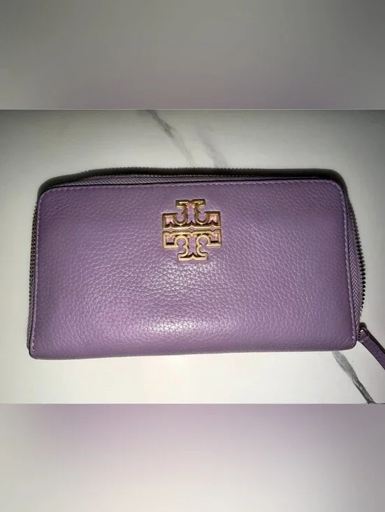 Tory Burch Lilac Pebbled Leather Zip-Around Wallet with Gold Logo