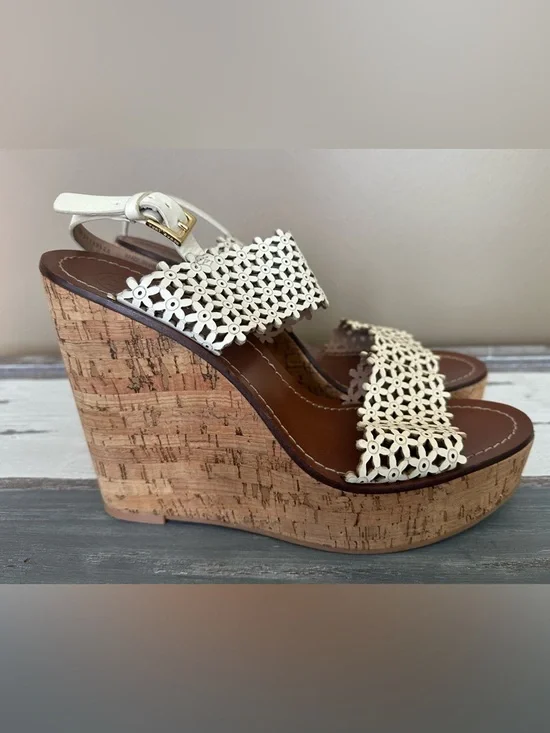 Tory Burch Floral Laser Cut Cork Wedge Sandals Cream Leather Size 10M‎ Boho Chic