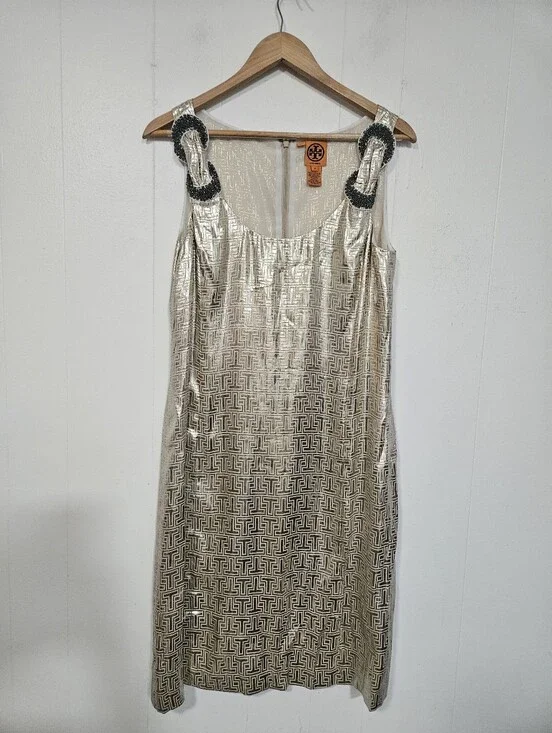 Tory Burch Metallic Gold Geometric Slip Dress with Beaded Straps