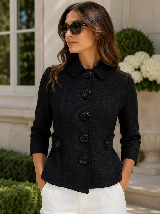 TORY BURCH Minimalist Black Button Front 3/4 Sleeve Estella Tweed Jacket, 0