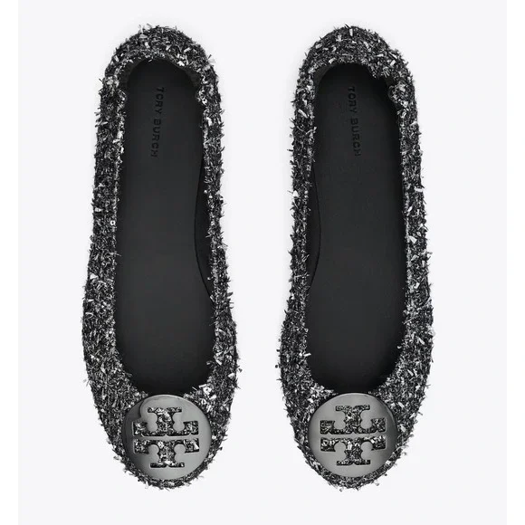 Tory Burch Minnie Travel Ballet Flats Black Silver Metallic Tweed 6M