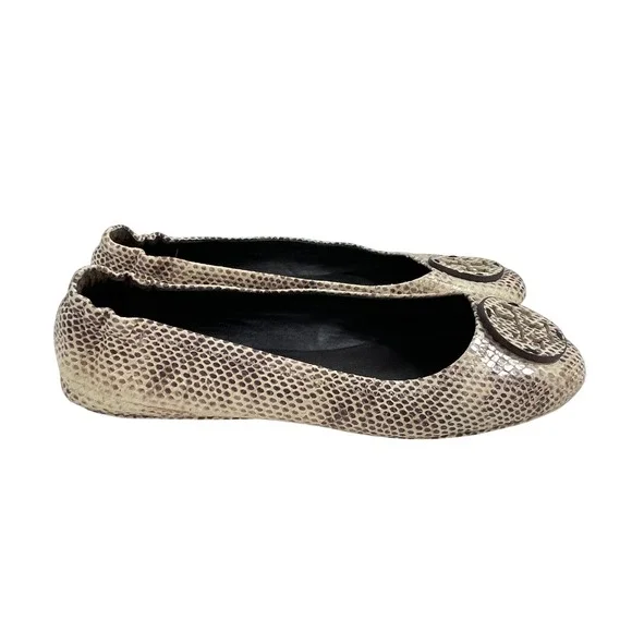 Tory Burch‎ Minnie Travel Ballet Flats Snake Embossed Leather Cream Roccia 9.5M
