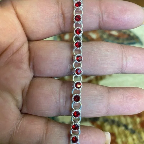 Silver Tennis Bracelet with Red Gemstones