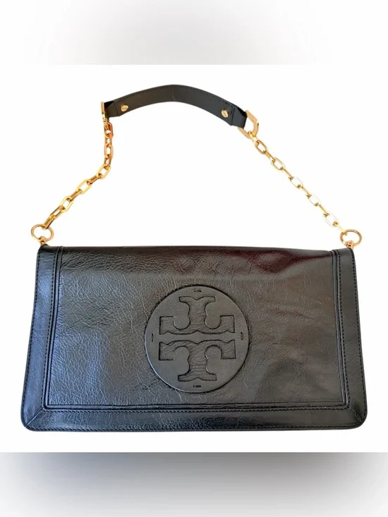 Tory Burch Bombe Reva Clutch Handbag In Black Textured Leather