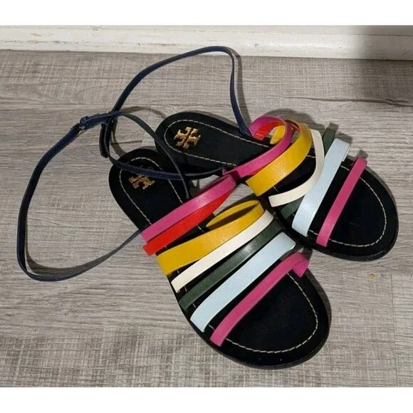 Tory Burch Patos Leather Multi Strap Flat Sandal Rainbow Ankle Strap 8.5 Strappy