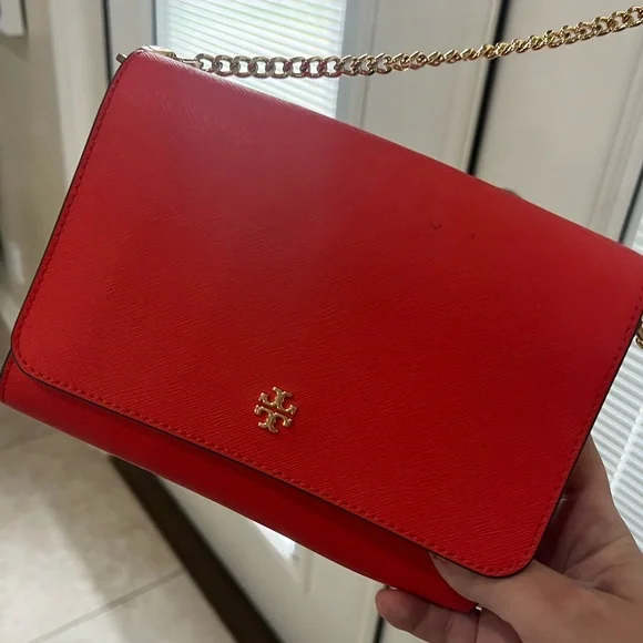 Tory Burch bright orange crossbody bag gold chain